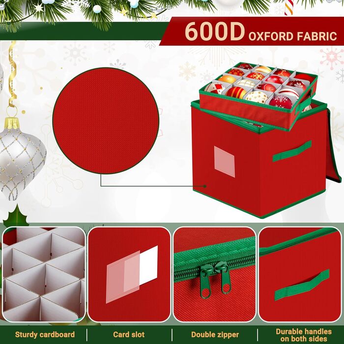 Коробка для прикрас на ялинку з 128 відділеннями, XL, з кришкою та додатковими кишенями, оксфордська тканина, червоно-зелена сітка