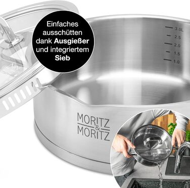 Сервірувальна сковорода з нержавіючої сталі Moritz & Moritz з кришкою 28 см - Підходить для всіх типів плит - Шкала до 4 л - Вбудоване сито в кришці - Індукційна сковорода для смаження, пасерування та подачі (Ø 24 см)