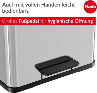 Хайло Еко тріо Плюс Л / сміттєпровід 3 х 9 літрів 27 літрів / Нержавіюча сталь М'яка кришка, що закривається / 3-в-1 педальне відро з внутрішніми відрами / відро для сміття прямокутної форми / зроблено в Німеччині