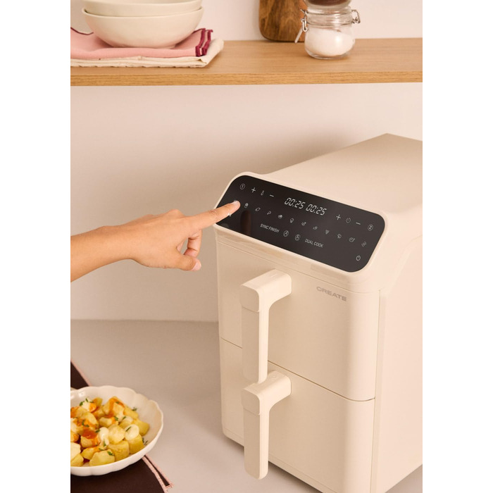 Фритюрниця без олії повітряного приготування 4.2L з пароваркою / Об'єм 5-6 порцій, 6 програм, скляна корзина, регулювання часу та температури, 1300W (11.2L ДУАЛЬНА СТАК, Кремовий білий)