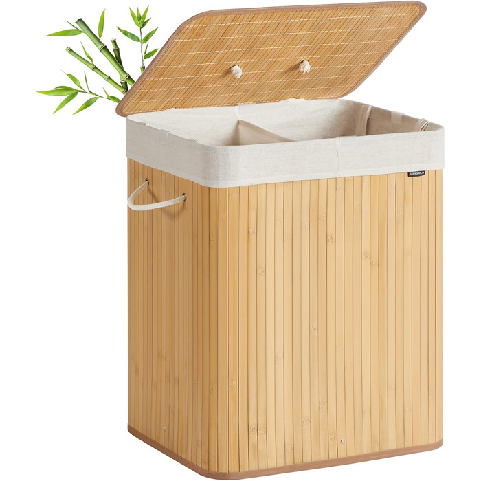 Кошик для білизни SONGMICS з кришкою, 2 відділення, 120 літрів, бамбук, складний, знімний мішок для прання, з ручками, для ванної кімнати, спальні, натуральний колір