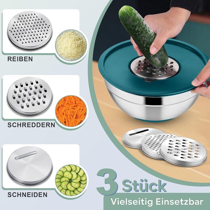 Набір мисок HaWare 6 шт. з нержавіючої сталі, 6 мисок + 6 кришок + 3 тертки, об'єм 4.6/2.8/2.5/1.6/1.2/0.7л, з антиковзним силіконовим дном, для миття в посудомийній машині