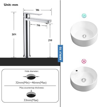 Змішувач для умивальника Decaura, хром, нержавіюча сталь, однорідний, висота виливу 250 мм, для накладних умивальників