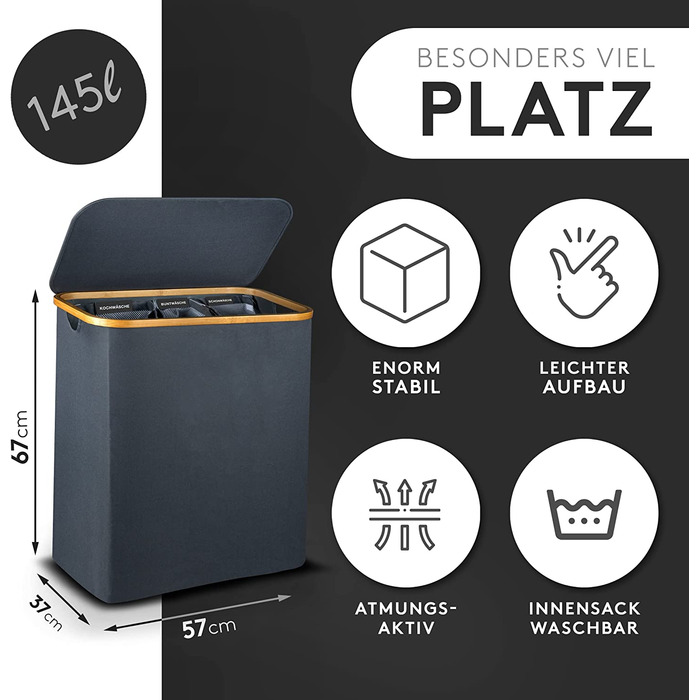 Кошик для білизни з кришкою 145L, водовідштовхуючий, 3 відділення, знімні мішки для білизни, складна коробка для білизни з інструкціями по пранню