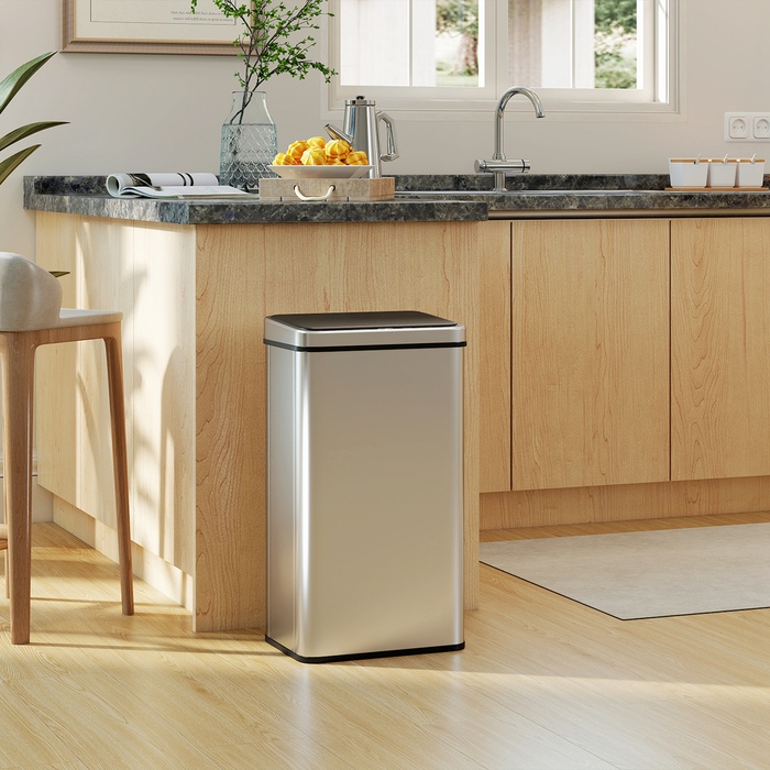 Відро для сміття з датчиком 50 л, нержавіюча сталь, автоматичне відкриття, м'яке закриття кришки, датчик руху, розміри 35,5 x 26 x 67 см, сріблястого кольору