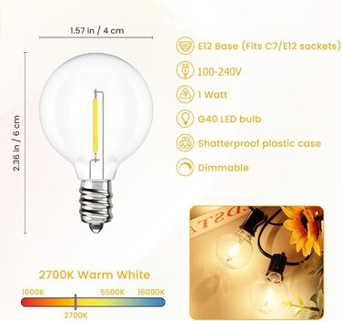 Світлодіодна гірлянда для зовнішнього використання, 60 м, G40 LED, вологостійка IP45, димерна, тепле біле світло (2700K), 104 пластикові лампочки, для декору саду, тераси, вечірки
