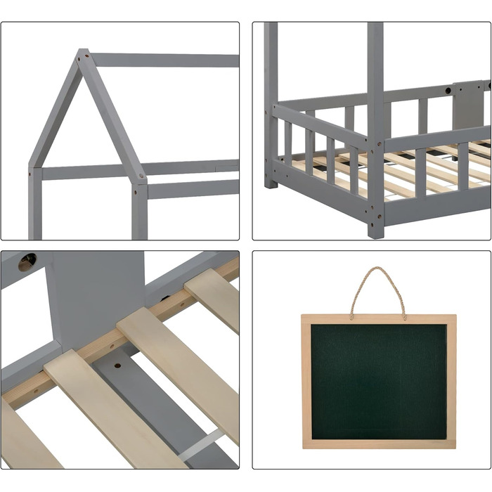 Дитяче ліжко-будиночок Moimhear 90x200 см, сірий колір, з соснового дерева, для дітей