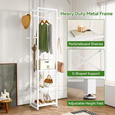 Стійка для одягу IBUYKE, вішалка для одягу з 3 полицями та 8 гачками, індустріальна стійка для передпокою, коридору, спальні, натуральний колір та білий, TMJ088R (180 x 40 x 30 см)