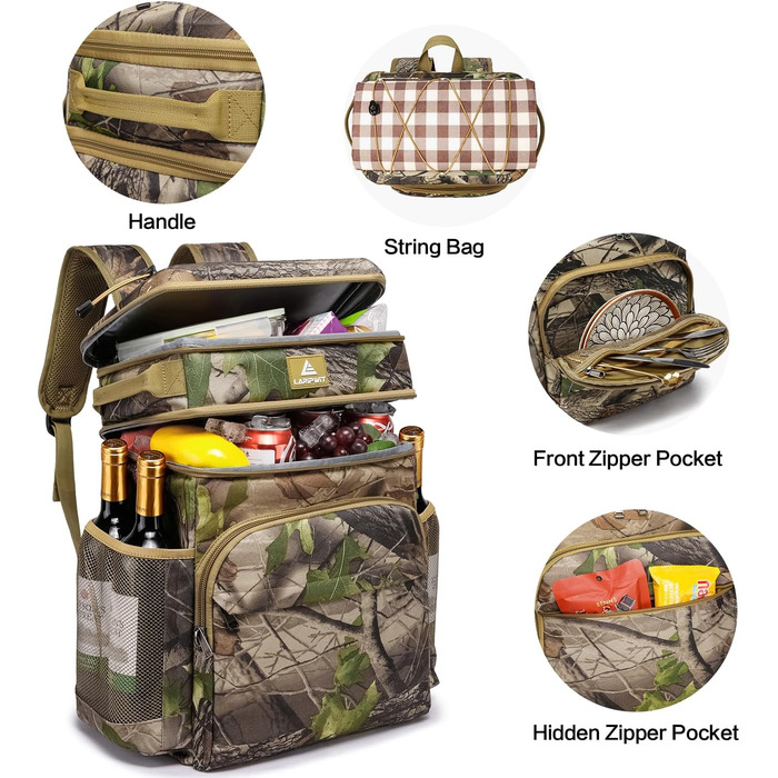 Рюкзак-холодильник Laripwit 54 банки: ізольований рюкзак-термос з двома відсіками та відділенням для холоду. Ідеальний для пікніків, подорожей, кемпінгу, пляжу. Об'єм 33л, камуфляж, еластична шнурка.