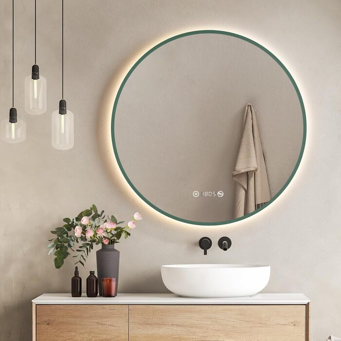 Круглий дзеркало для ванної кімнати EMKE з підсвічуванням 60 см - з антизапарюванням, регулюванням яскравості, годинником, індикатором температури, сенсорним керуванням, функцією пам'яті, енергозберігаючий. Розмір: 80x80 см.