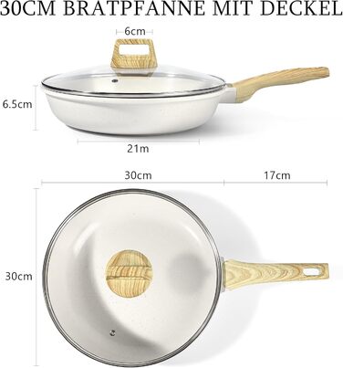 Сковорода з керамічним антипригарним покриттям GiPP – 24 см, здорова, нетоксична, для індукційних плит, без PFAS та PFOA, можна мити в посудомийній машині, з холодною ручкою, білий колір (білий, кришка 30+ см)