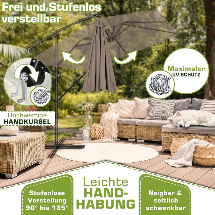 Прямокутна алюмінієва парасолька від сонця tillvex® 330 см з ручкою-котушкою, чохлом та стійкою, водовідштовхуюча, UV-захист, поворотна на 360°, колір капучино