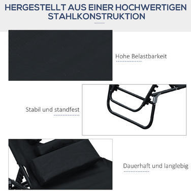 Розкладний шезлонг для саду з підголовником, лежак з 4-позиційним регулюванням спинки, кемпінговий стілець з підсвічуванням для читання, садова крісло, витримує до 120 кг, для саду, балкону, чорного кольору.