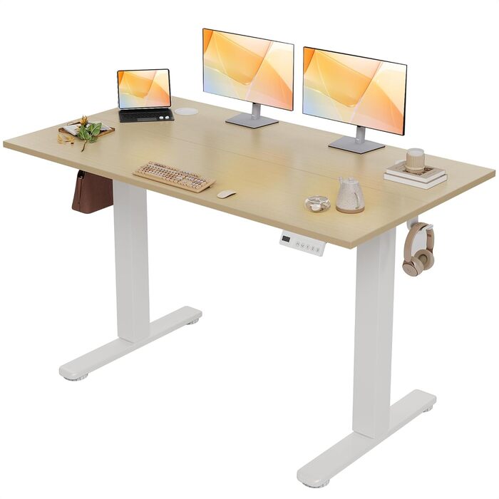 Електричний стіл Claiks з регулюванням висоти 120x60 см, з 3 функціями пам'яті, 2 гачками, бежевий