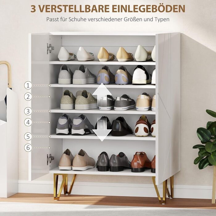 Шафа для взуття HOMCOM з 2 дверцятами, 3 регульовані полиці, на 15-20 пар взуття, 72 x 31,5 x 95 см, білий