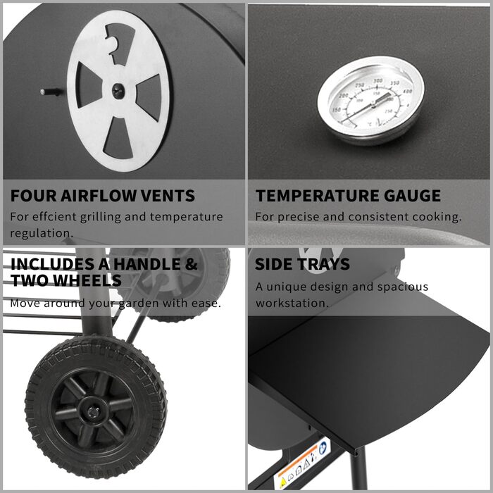 Дров'яний гриль-возок: гриль на дровах з решіткою та термометром, великий гриль для барбекю, гриль-смокер для саду