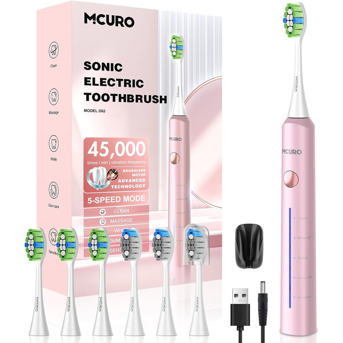 Електрична звукова зубна щітка, 5 режимів, рожева, з таймером та 6 насадками DuPont