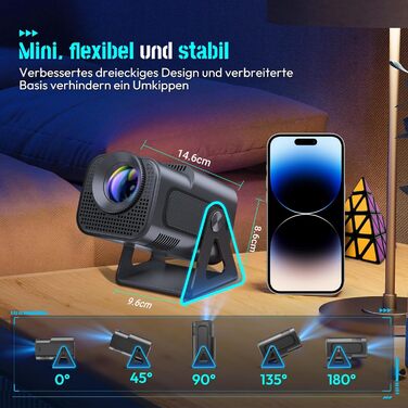 Портативний проєктор Xgody Gimbal 3: 12000 Люмен, Android 11.0, WiFi 6, Bluetooth, 720P HD (підтримка 4K), Автоматичне вирівнювання зображення, для домашнього кінотеатру (білий/чорний)