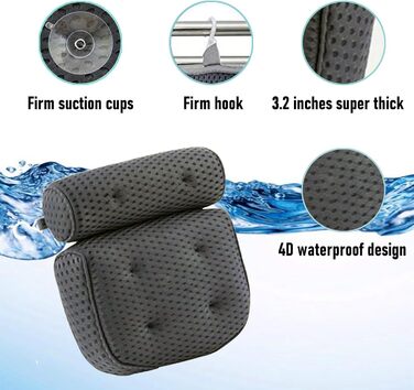 Подушка для ванни з піни Memory Foam, антиковзка, для шиї та спини, 4D вентиляція, 6 присосок, сіра
