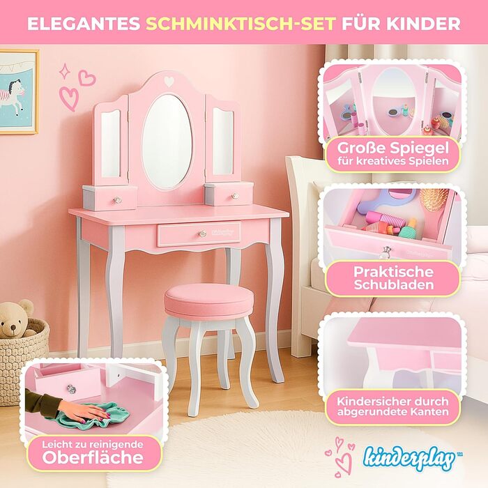 Дитячий туалетний столик Kinderplay Green з дзеркалом та стільчиком – Рожевий комплект для гри та макіяжу