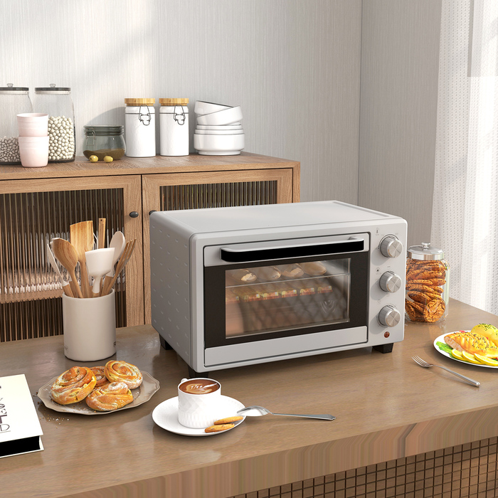 Міні-піч HOMCOM об'ємом 21 л, з регулюванням температури від 100°C до 230°C, таймером на 1 годину, 3 режимами приготування, решіткою, декою, нержавіючою сталлю, розмірами 46 x 38,5 x 29 см, срібна | Aosom