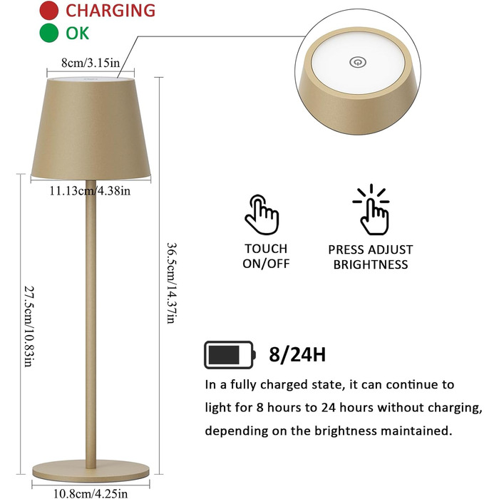 LED настільна лампа K-Bright 2 шт. з регулюванням яскравості, акумуляторна, бездротова, 3000K/4000K/6000K, USB-C, IP54, хакі, 2 шт.