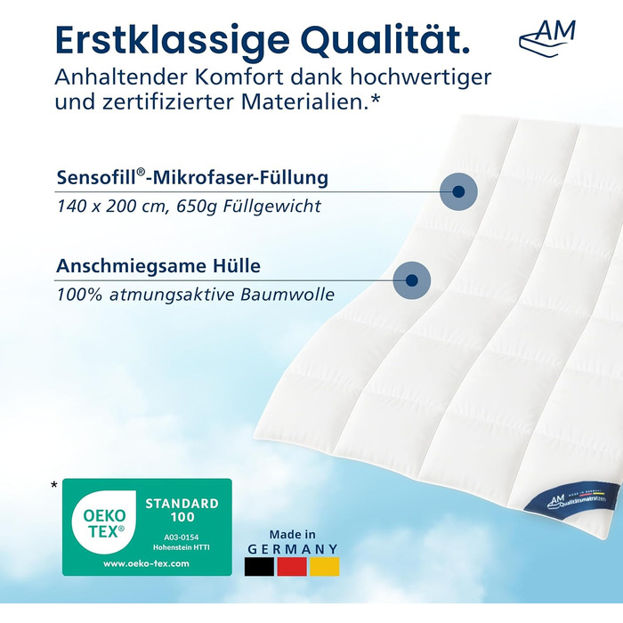 Плед DormiGood Premium з мікрофібри, 140x200 см, Made in Germany, для алергіків, з наповнювачем Sensofill, сертифікат Oeko TEX, бавовняний чохол, 1 шт.