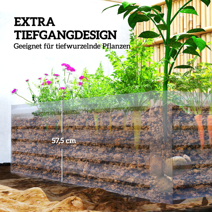 Підвищене грядка з металу 180 x 90 x 57,5 см. Глибока грядка для саду з відкритим дном та опорною штангою, темно-сірого кольору.