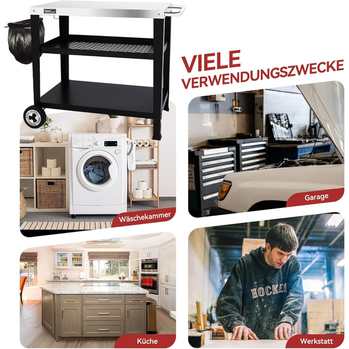 Сервісний візок Royal Gourmet з 3 ярусами, контейнер для сміття, візок для кухні, приставний столик, гриль Plancha, візок для гриля, з нержавіючої сталі, срібний, робоча поверхня 85 x 50 см