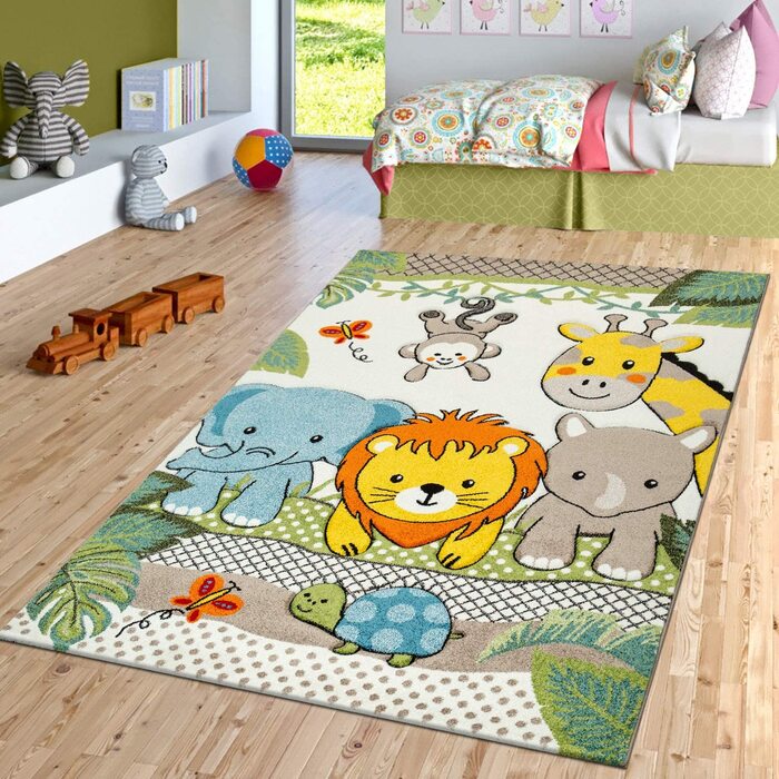 Домашній дитячий килим з коротким ворсом у вигляді африканських тварин контурного крою, Сучасний зелений, Розмір (80x150 см)