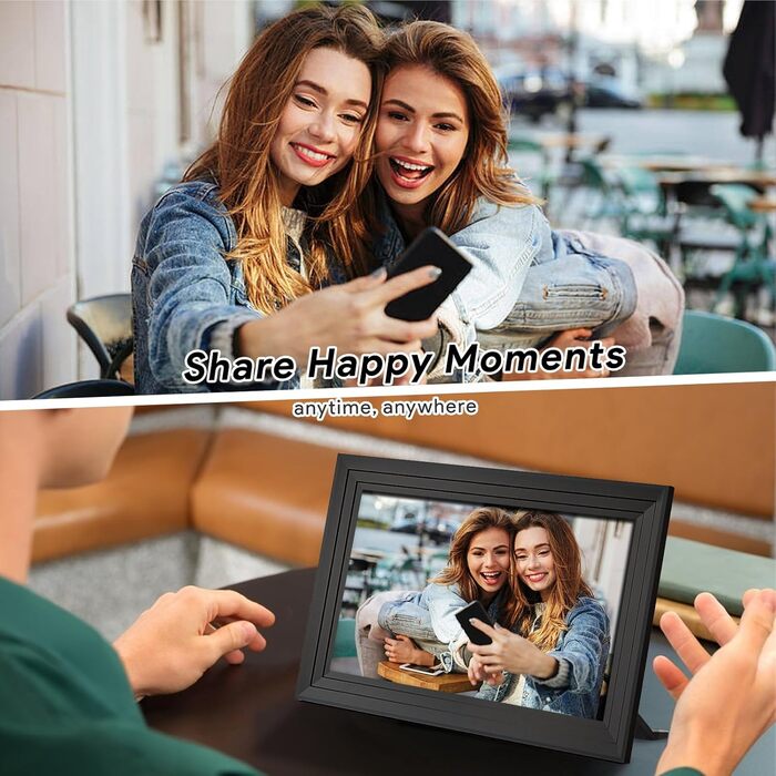 Цифровий фоторамка Aorpdd 10.1 дюйма з Wi-Fi, HD IPS-сенсорний екран, 32 ГБ пам'яті, автоматичне обертання, Frameo App для обміну фото та відео, чорний
