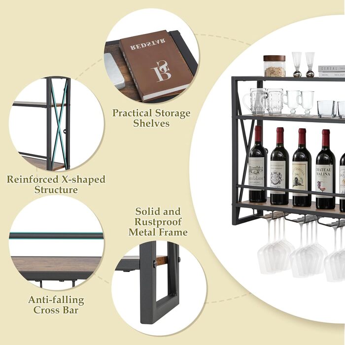 Стильна полиця для вина Komfotteu на стіну, дерев'яна з металевим каркасом, з тримачем для келихів, органайзер для пляшок, бар, кухня, вітальня (80 x 20 x 63 см)