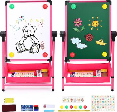 Дитяча мольберт Kinderstaffelei з двома боками, складний, регульована висота 74,9-111,8 см, з місцем для зберігання, поворотний на 360°, мольберт для малювання та дошка з набором літер та цифр, рожевий для хлопчиків та дівчаток