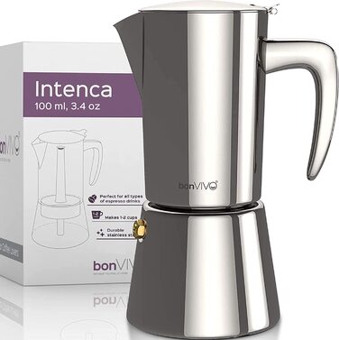 Індукційна Еспресо-плита bonVIVO Intenca-кавоварка з нержавіючої сталі з матовим покриттям, чайник, ситечко - мокко, 6 чашок, 300 мл (хром, 2 чашки-100 мл)