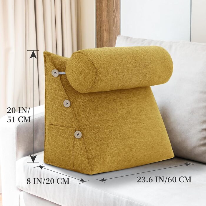 Підкова для читання Bettkeil, регульоване подушечкове ліжко, трикутна подушка, подушка-клинок, диванна подушка для попереку, шиї, подушка для підтримки спини з знімним льняним чохлом (жовтий, з подушкою для шиї 60см)