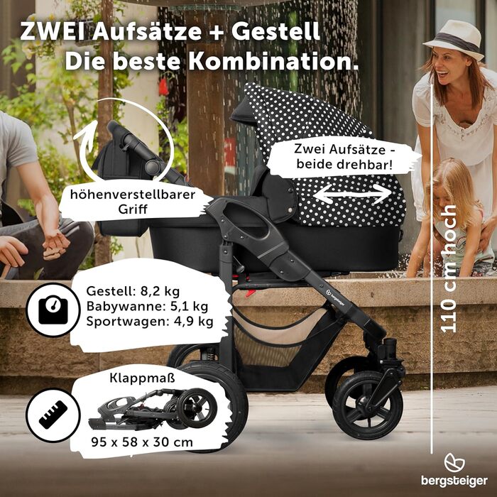 Дитяча коляска 3-в-1 Bergsteiger Capri - люлька, автокрісло i-Size, прогулянкове сидіння, повітряні колеса, амортизація, регульована ручка, складна, з аксесуарами (чорна в горошок | рама: антрацитова, дитяча коляска)