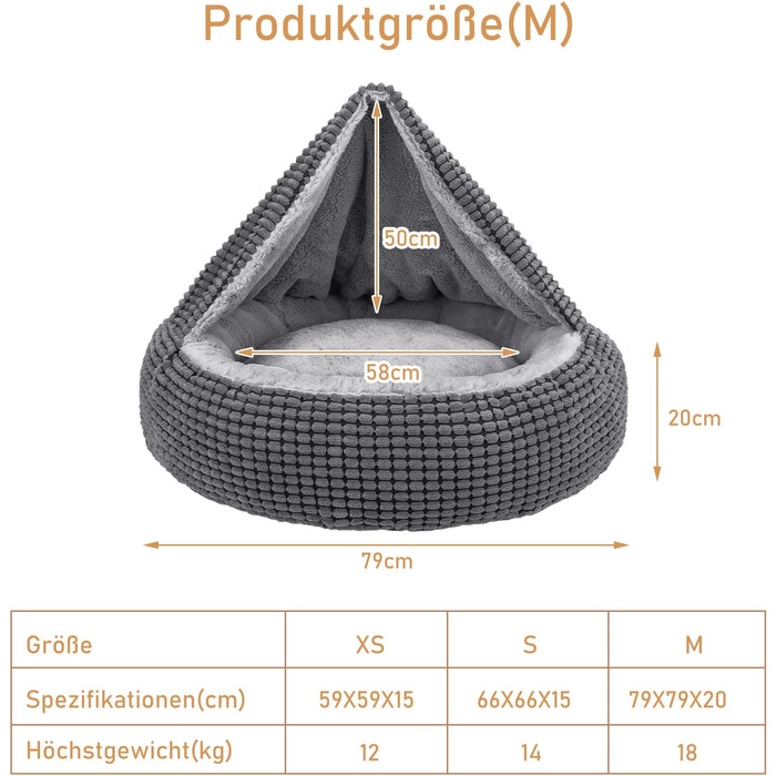 Ліжко для собак JOEJOY, ліжко для кішок, ліжко для собак великі собаки, ліжко для собак пухнаста миється, ліжка для собак з капюшоном для великих собак середнього розміру, нековзна ліжко для собак, 79x79x20 см, підходить для домашніх тварин вагою до 18 кг