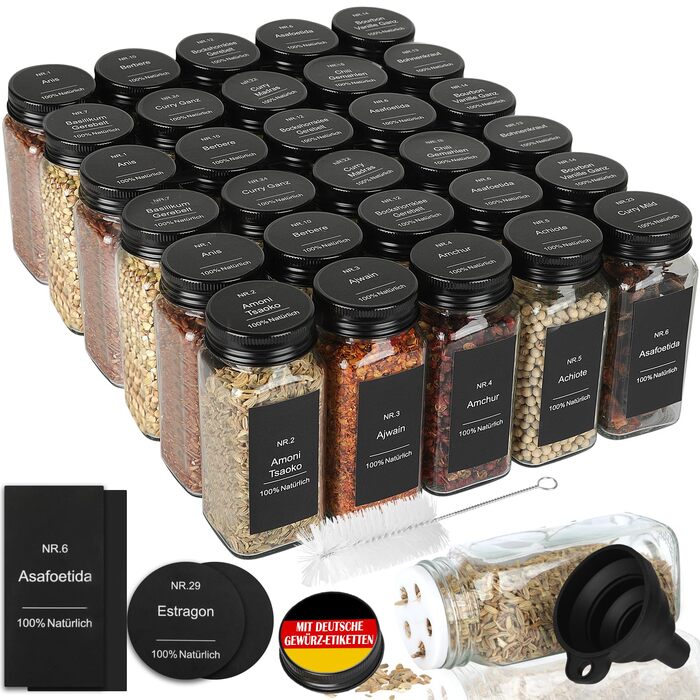 Набір контейнерів для спецій на 30 штук з мірками та вологостійкими етикетками, 120 мл, чорний, з кришками