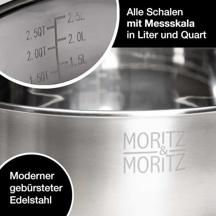 Миска для перемішування Moritz & Moritz 5er з кришкою - 0,6-4,5л - нержавіюча сталь з антиковзкими ніжками без BPA - Складна салатниця з кришкою та 3 насадкою-терткою - придатна для миття в посудомийній машині