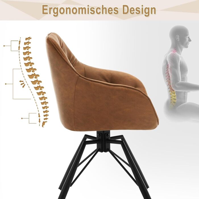 Крісло для їдальні WOLTU EZS61br-1 (світло-коричневе), 6 шт. в наборі: обертове, з підлокітниками, штучна шкіра, для кухні, вітальні, їдальні