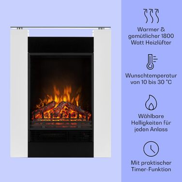 Електрокамін Klarstein 1800 Вт, електрообігрівач для вітальні та кімнат, LED-імітація вогню, білий, регульований термостат, таймер