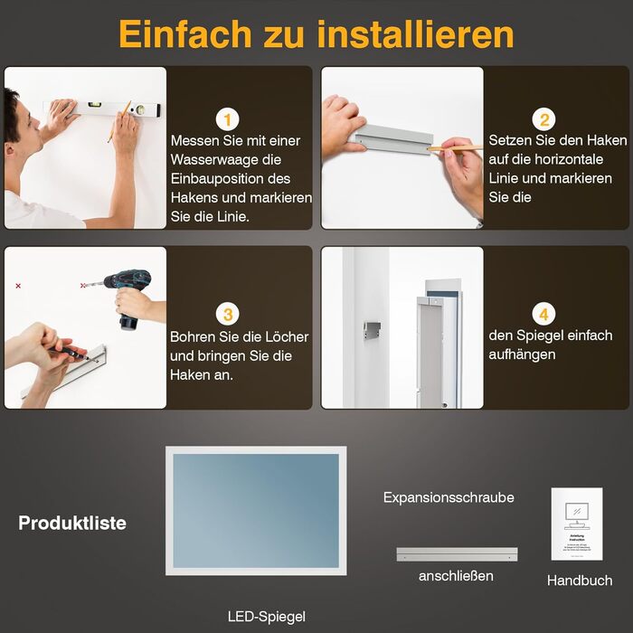 Дзеркало для ванної кімнати з підсвічуванням LED, антизапар, 2 кольори світла (3000K/6500K), нахильний вимикач, прямокутне, 45x60 см