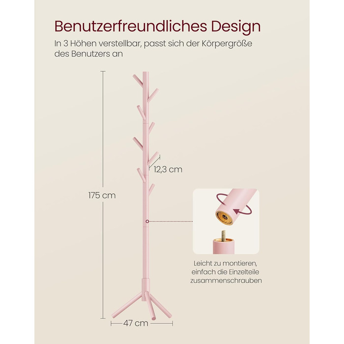 Стійка для одягу VASAGLE з масиву дерева, дерев'яна вішалка для одягу з 8 гачками, 3 регульовані висоти, для одягу, капелюхів, сумок, вітальні, спальні, офісу, RCR04GY (Пастельно-рожевий)