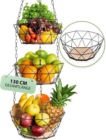 Підвісна корзина для фруктів DECOFY-ексклюзивна підвісна корзина для фруктів з довгим ланцюгом 130 см і підлогою з натурального дерева-індивідуальне регулювання -