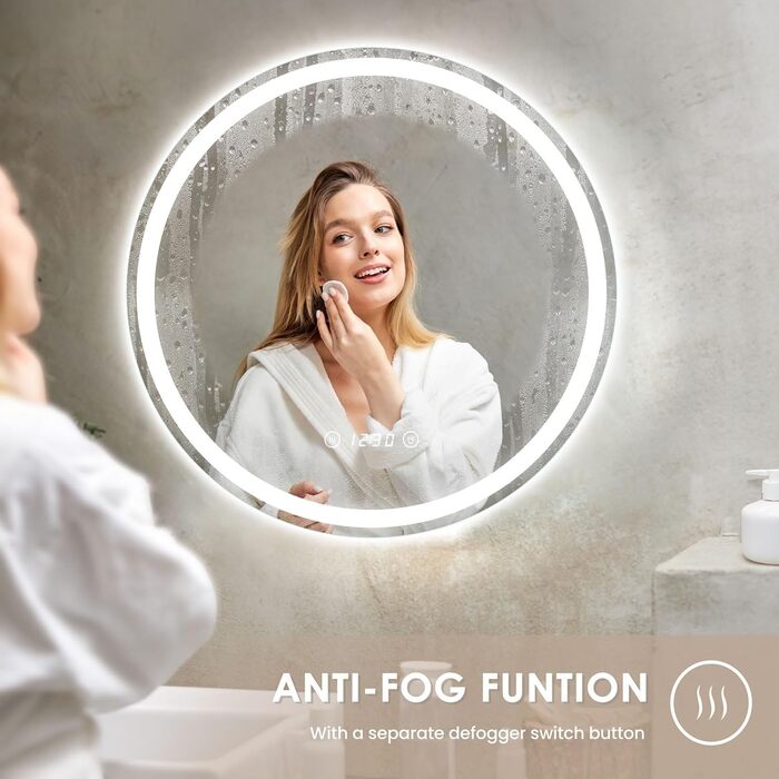 Дзеркало для ванної кімнати Dripex круглої форми з підсвічуванням LED, сенсорне управління, регулювання яскравості, 3 кольори світла, запобігання запотіванню, 50x50 см
