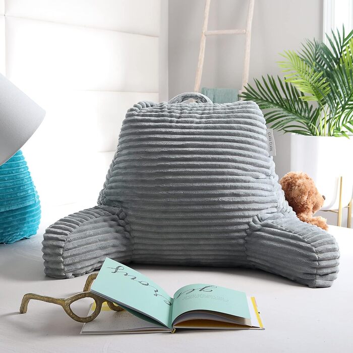 Крісло-лежак Clara Clark для дорослих - спинка для сидіння в ліжку, стандартна плюшева подушка для ліжка, подушка з подрібненим пінополіуретаном з підлокітниками та кишенями, сріблясто-сірий колір