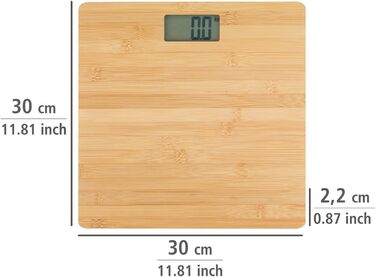 Ваги для ванної кімнати WENKO Bambusa, цифрові дерев'яні ваги зі справжнього бамбука, з РК-дисплеєм, ваги для тіла для відчуття тепла ніг, ваги для ванної кімнати до 180 кг, ваги з батарейками, 30 x 2,7 x 30 см, натуральні