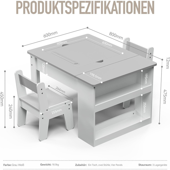 Дитячий столик з двома стільцями Kinderkraft, багатофункціональний: ігри, малювання, читання, 4 змінних панелей, регульований та безпечний, з місцем для зберігання, до 60 кг, від 3 років