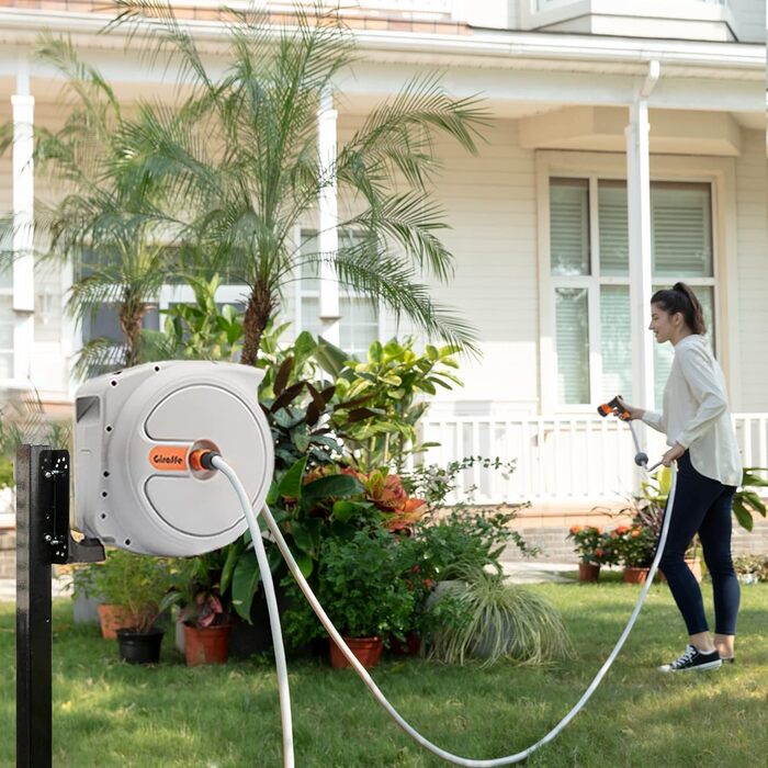 Спіральний шланг для саду Giraffe Tools Wandmontierte Schlauchbox з автоматичним намотуванням, 2м + 20м, 7 насадок, поворотний на 180°