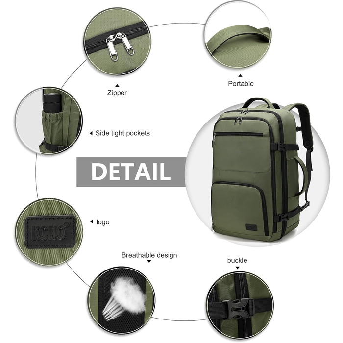 KONO Рюкзак для ручної поклажі в літак, великий, водонепроникний, 55 x 35 x 20 см, 38L, зелений